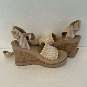 UGG Abbot Platform Wedge Sandals Cream Tan Ankle Wrap Sz 7 NEW